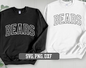 May include: Two sweatshirts, one black and one white, with the word "BEARS" printed in white on the black sweatshirt and in black on the white sweatshirt. The text is in a bold, blocky font. The sweatshirts are laid out on a white surface. The text "SVG, PNG, DXF" is printed on a gray rectangle below the sweatshirts.