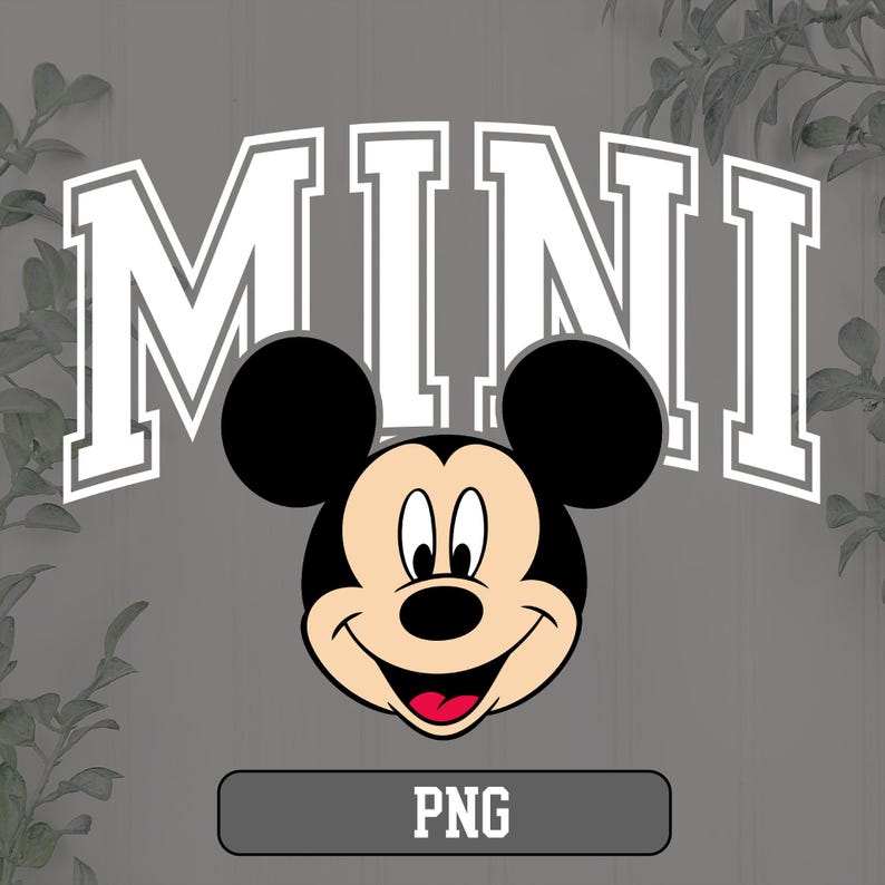 K&ouml;nnte beinhalten: Ein Cartoon-Bild von Mickey Mouse mit dem Wort "MINI" in wei&szlig;en Blockbuchstaben &uuml;ber seinem Kopf. Das Wort "PNG" befindet sich in einem grauen Rechteck unter Mickey Mouse. Der Hintergrund ist grau mit blattgr&uuml;nen Akzenten.