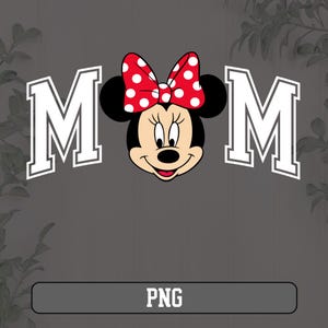 May include: A graphic featuring Minnie Mouse with a red bow with white polka dots, positioned between two white block letter "M"s. The word "MOM" is formed with Minnie Mouse in the centre. The word "PNG" is at the bottom.