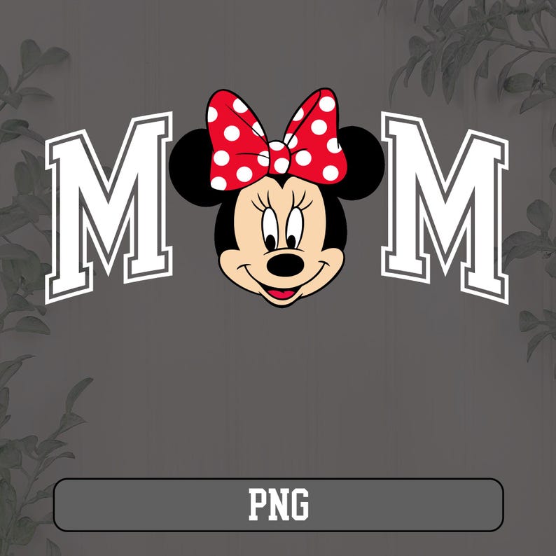 May include: A graphic featuring Minnie Mouse with a red bow with white polka dots, positioned between two white block letter "M"s. The word "MOM" is formed with Minnie Mouse in the centre. The word "PNG" is at the bottom.