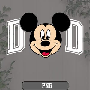 May include: A smiling Mickey Mouse face with black ears, a black nose, and a red tongue. The word "PNG" is at the bottom. Two white letter "D"s are on either side of Mickey's head.