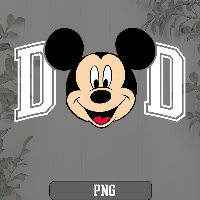 May include: A smiling Mickey Mouse face with black ears, a black nose, and a red tongue. The word "PNG" is at the bottom. Two white letter "D"s are on either side of Mickey's head.
