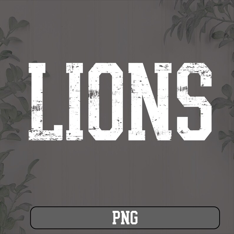 May include: White text on a gray background that reads "LIONS" in a distressed font style. The word "PNG" is written in white text on a gray rectangle at the bottom of the image.