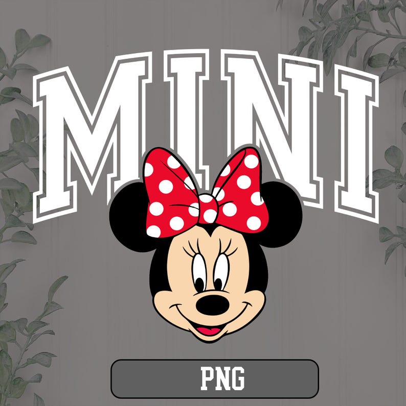 K&ouml;nnte beinhalten: Grafik von Minnie Mouse mit roter Schleife mit wei&szlig;en Punkten. Das Wort "MINI" steht in wei&szlig;en Blockbuchstaben &uuml;ber Minnie's Kopf. Das Wort "PNG" steht in einem grauen Rechteck darunter.