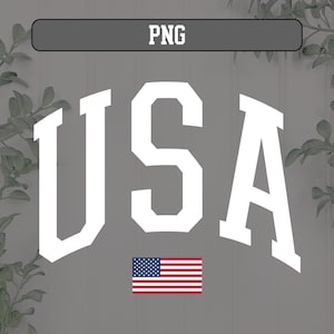 Puede incluir: Letras USA blancas en una fuente universitaria vintage con una bandera estadounidense debajo.
