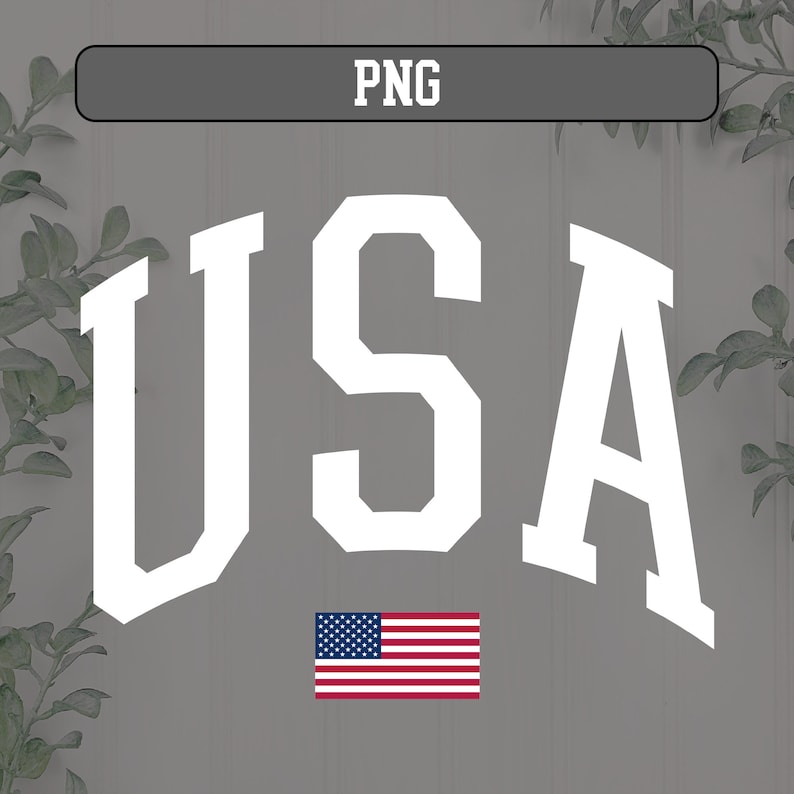 Puede incluir: Letras USA blancas en una fuente universitaria vintage con una bandera estadounidense debajo.