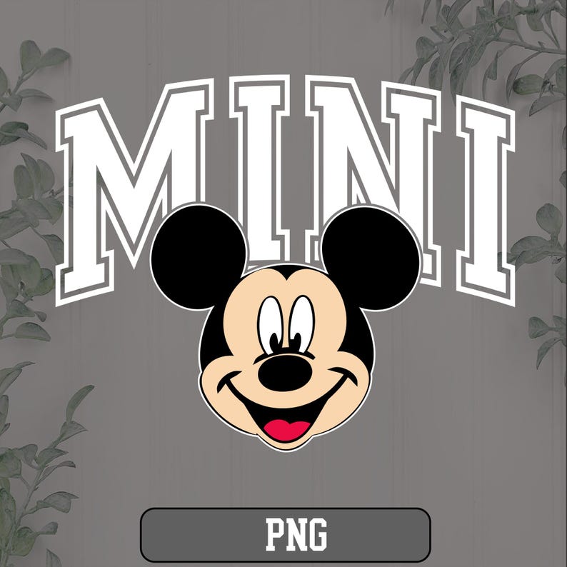K&ouml;nnte beinhalten: Grafik von Mickey Mouse mit dem Wort "MINI" in wei&szlig;er Schrift dar&uuml;ber. Der Text "PNG" befindet sich in einem Rechteck unten. Der Hintergrund ist ein ged&auml;mpftes Grau mit Bl&auml;ttern.