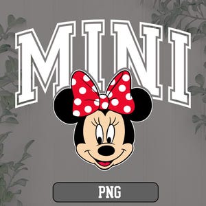 K&ouml;nnte beinhalten: Grafik von Minnie Mouse mit einer roten Schleife mit wei&szlig;en Punkten. Das Wort "MINI" steht in wei&szlig;en Blockbuchstaben &uuml;ber der Figur. Das Wort "PNG" steht in einem grauen Rechteck darunter.