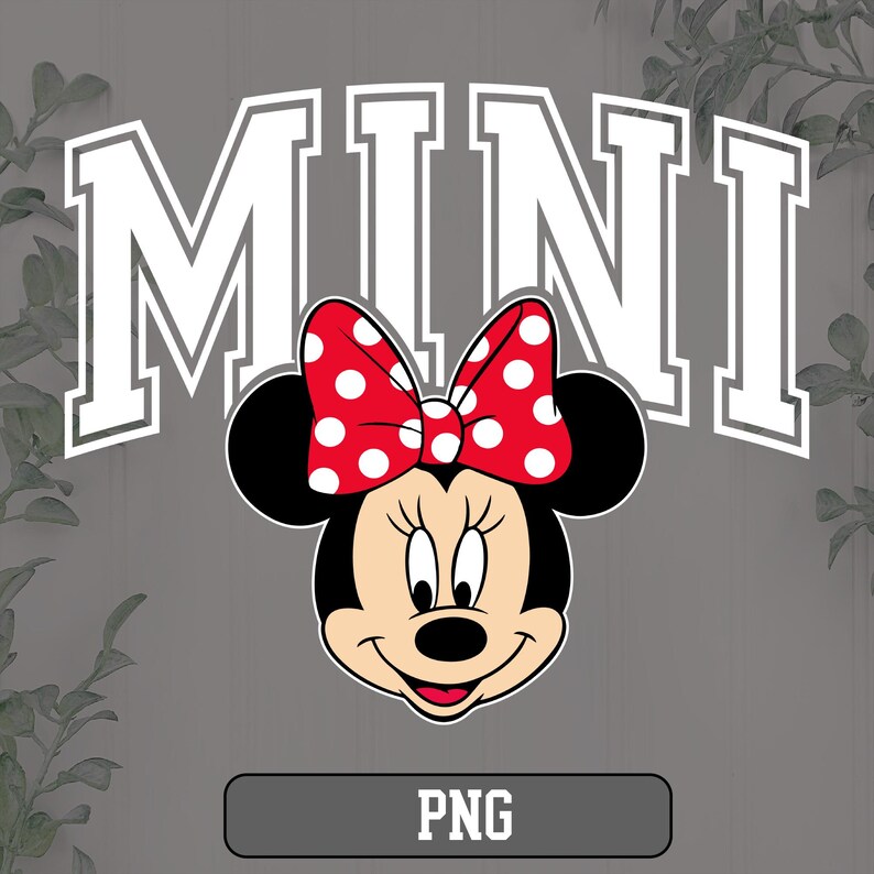 K&ouml;nnte beinhalten: Grafik von Minnie Mouse mit einer roten Schleife mit wei&szlig;en Punkten. Das Wort "MINI" steht in wei&szlig;en Blockbuchstaben &uuml;ber der Figur. Das Wort "PNG" steht in einem grauen Rechteck darunter.