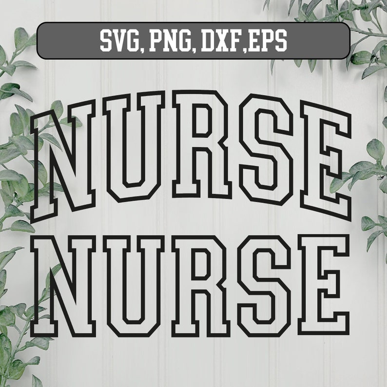 Op de afbeelding: Zwart-wit grafisch ontwerp van het woord "NURSE" in een varsity-lettertype. Het woord wordt twee keer herhaald, waarbij het tweede woord iets kleiner is dan het eerste.