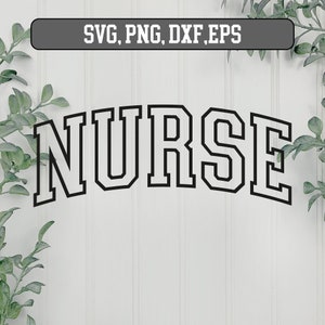 Op de afbeelding: Zwart-wit grafisch ontwerp van het woord "NURSE" in een vet, universiteitsstijl lettertype.