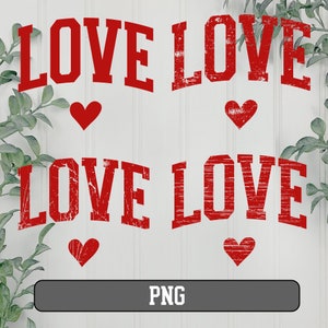 May include: Four red distressed text graphics on a white wood background. The text reads "LOVE" and is in a bold, blocky font. Each graphic is accompanied by a red heart.