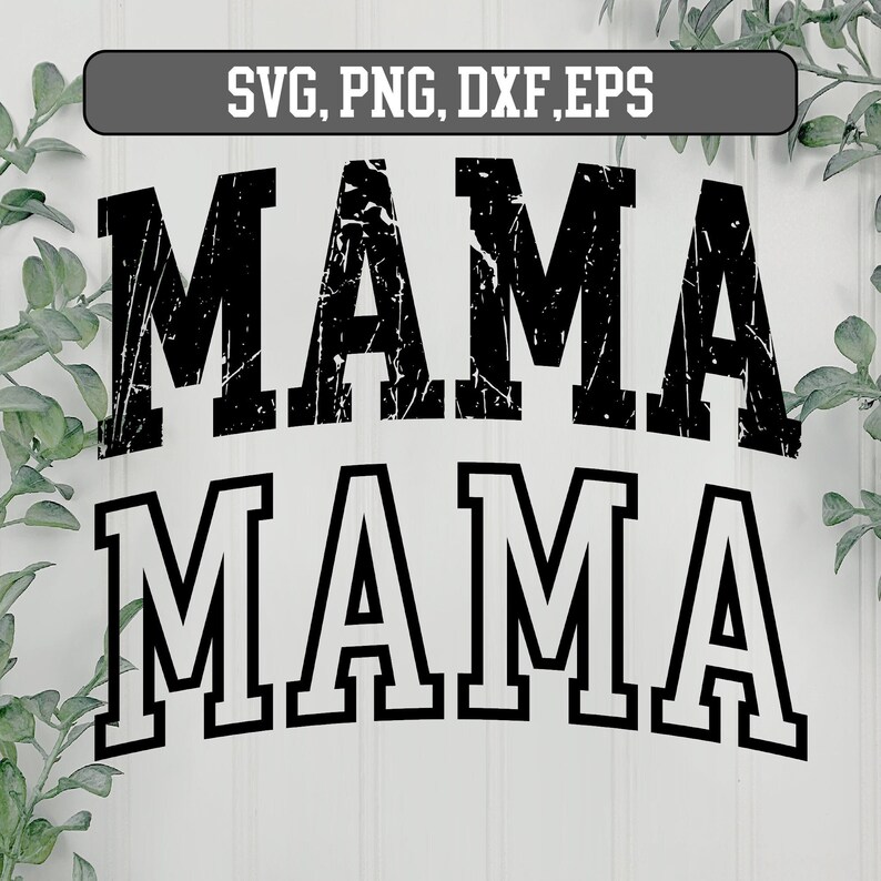 K&ouml;nnte beinhalten: Schwarz-wei&szlig;es Grafikdesign mit dem Wort "MAMA" in einer kr&auml;ftigen, abgenutzten Schriftart, zweimal wiederholt. Die obere Instanz hat einen strukturierten Effekt. Das Design befindet sich auf wei&szlig;em Hintergrund mit gr&uuml;nen Akzenten.