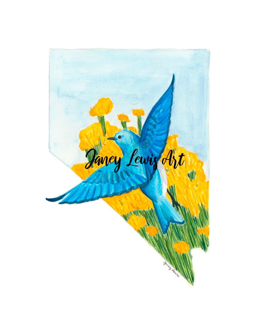 Nevada State Bird &amp; Flower Watercolor Print, Mountain Bluebird and Big ...