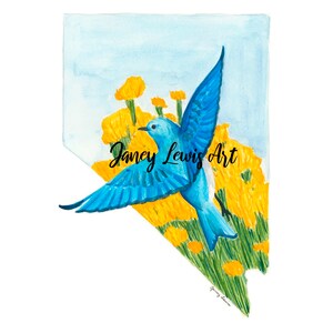 May include: Watercolor painting of a blue bird in flight, set against a backdrop of yellow flowers and a light blue sky. The artwork is shaped like the state of Nevada, with the text "Janey Lewis Art" in the lower left corner.