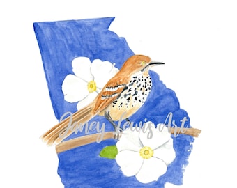 Georgia State Bird and Flower Watercolor Print, Brown Thrasher and Rose Laevigata, Holiday gifts, Housewarming gifts, dorm art, state map