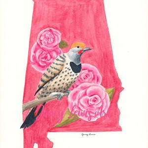 Alabama State Bird and Flower Watercolor Print