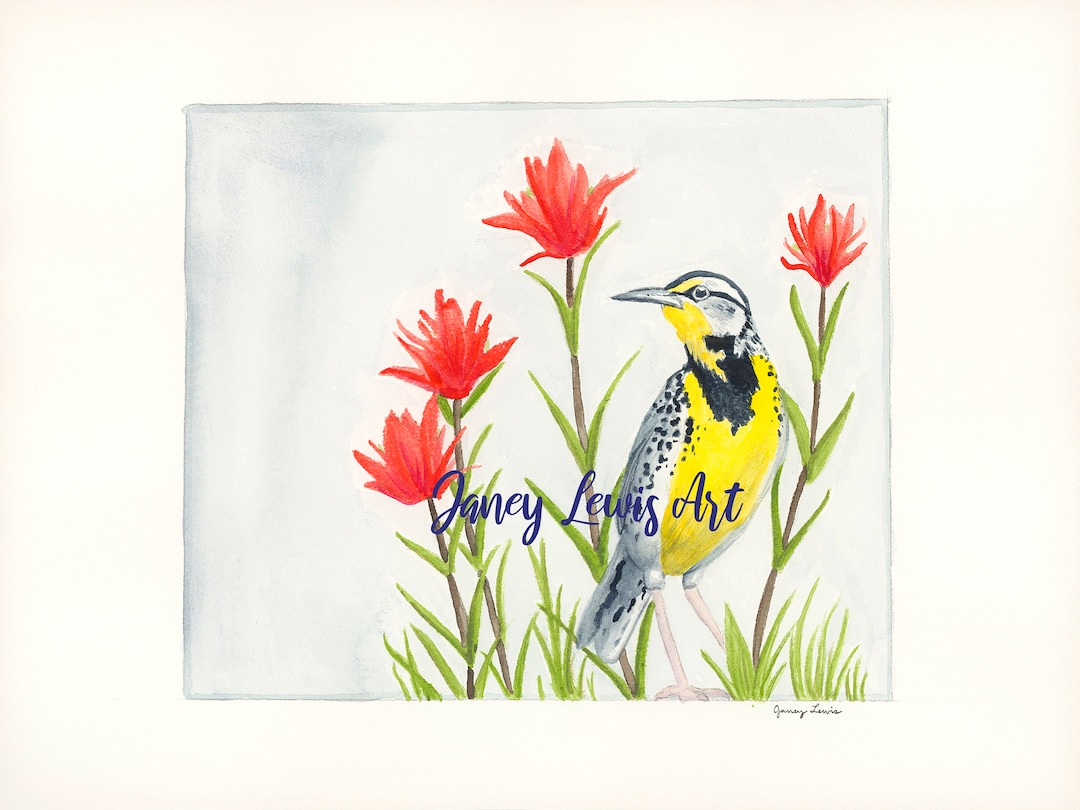Wyoming State Bird and Flower Watercolor Print/ Western Meadowlark and