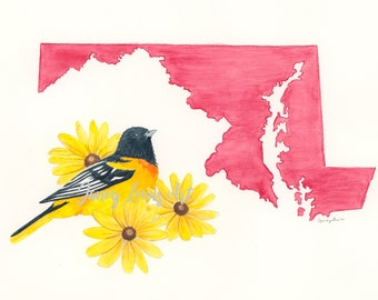 Maryland State Bird and Flower Watercolor Print, Baltimore oriole and Black Eyed Susan art print,housewarming gift, dorm decor, holiday gift
