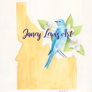 Idaho State Bird and Flower Watercolor Fine Art Print/ Mountain Bluebird and Syringa /Christmas gift/ Housewarming / Travel Art / Dorm decor