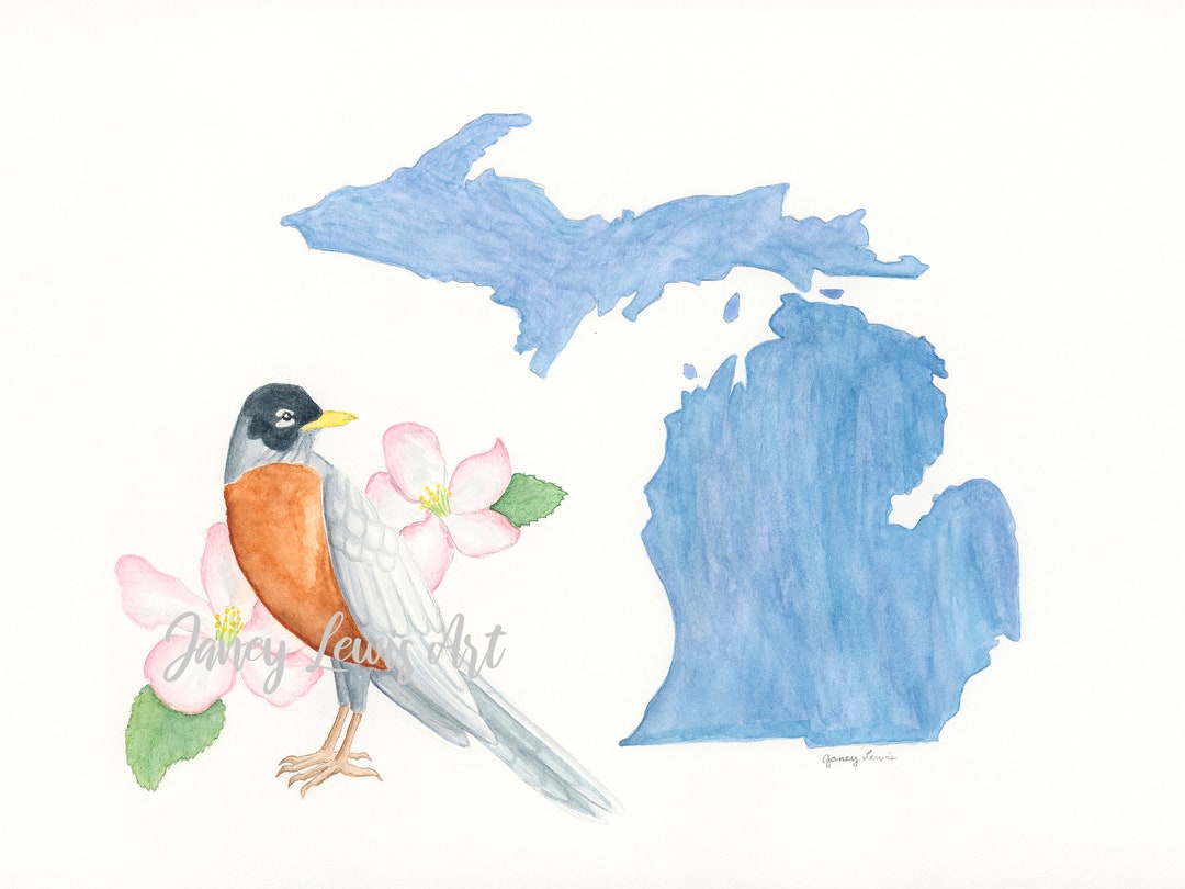 Michigan Robin and Apple Blossom Watercolor Art Print - Etsy