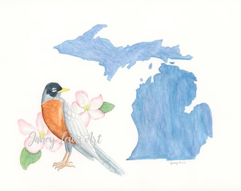 Michigan Robin Art Print | Apple Blossom Watercolor Home Decor - Etsy