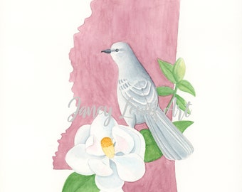 Mississippi State Bird and Flower Watercolor print, Mockingbird and Magnolia fine art print,Dorm Art,Housewarming gift,Moving gift,State Map