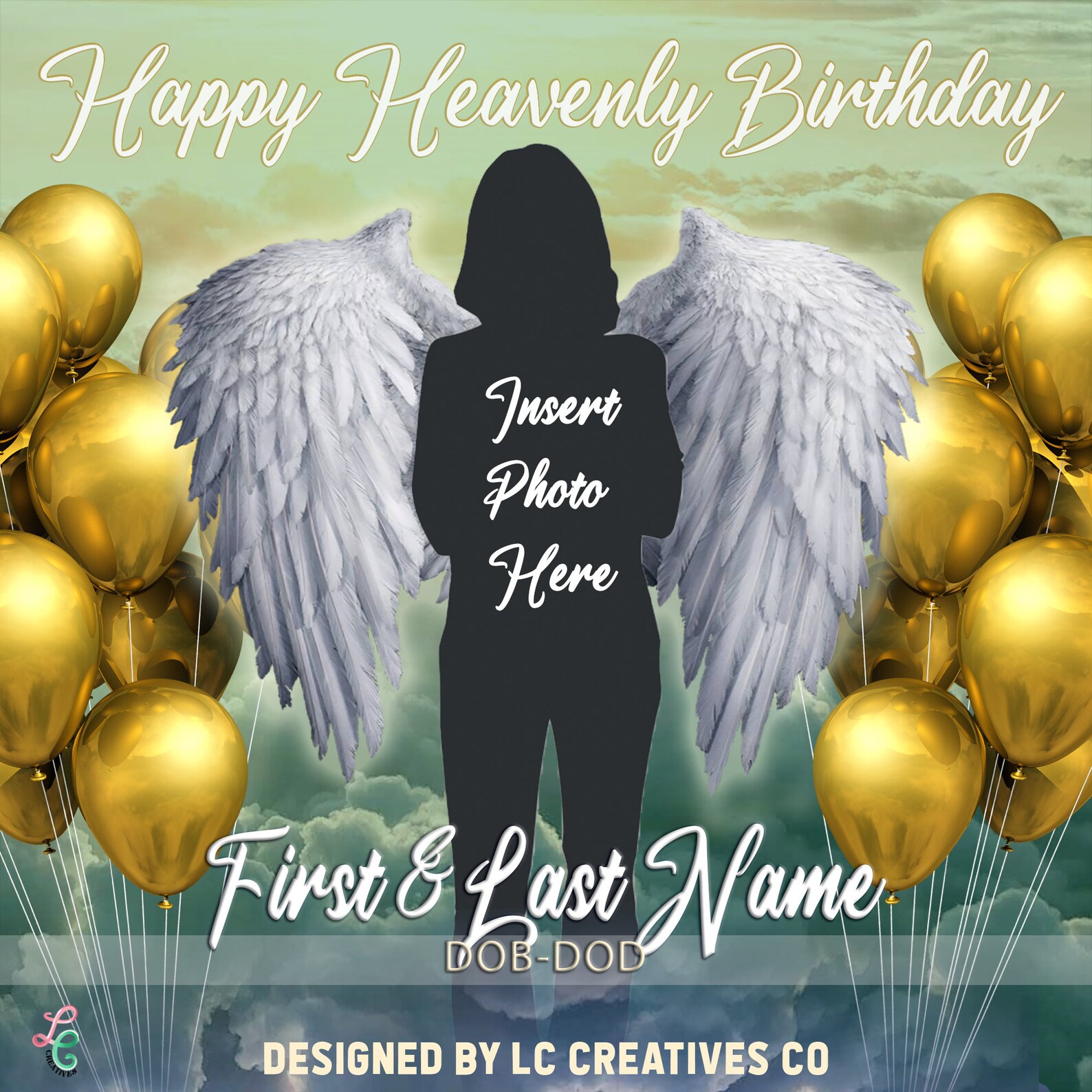 Happy Heavenly Birthday Angel Wings Green Gold Template Etsy