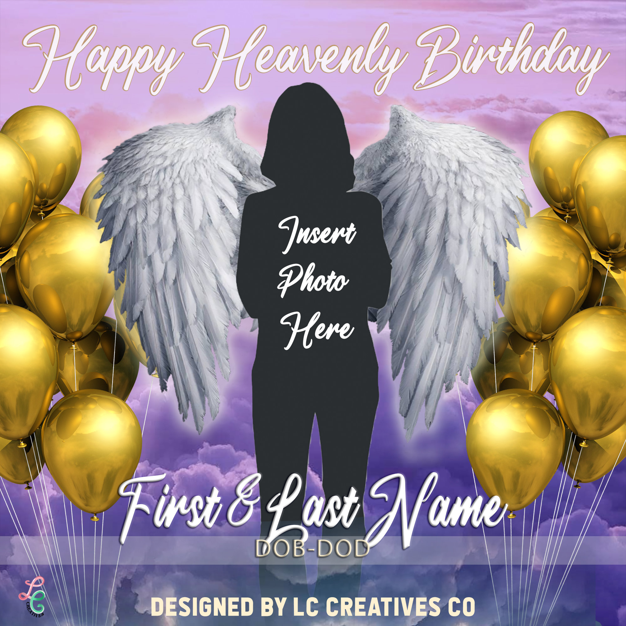 Happy Heavenly Birthday Angel Wings Purple Template instant Download