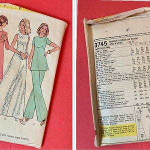Puede incluir: Patr&oacute;n de costura vintage McCall's n&uacute;mero 3745 para un vestido o t&uacute;nica y pantalones para mujer. El patr&oacute;n incluye instrucciones y diagramas para coser un vestido, una t&uacute;nica y pantalones. El patr&oacute;n est&aacute; impreso en un fondo blanco con texto negro e ilustraciones.