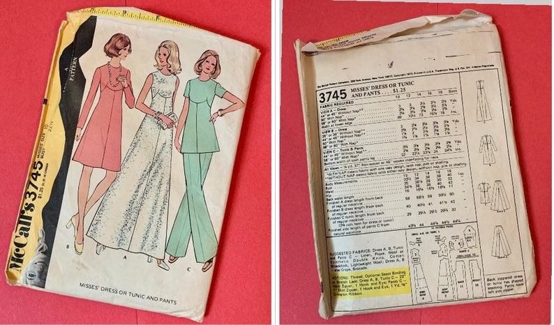 Puede incluir: Patr&oacute;n de costura vintage McCall's n&uacute;mero 3745 para un vestido o t&uacute;nica y pantalones para mujer. El patr&oacute;n incluye instrucciones y diagramas para coser un vestido, una t&uacute;nica y pantalones. El patr&oacute;n est&aacute; impreso en un fondo blanco con texto negro e ilustraciones.