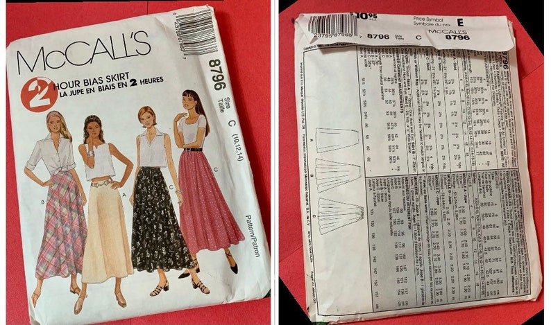Puede incluir: Un patr&oacute;n de costura para una falda de bies. El patr&oacute;n es para las tallas 10, 12 y 14. El patr&oacute;n se llama "2 Hour Bias Skirt" y es de McCall's. El n&uacute;mero del patr&oacute;n es 8796.