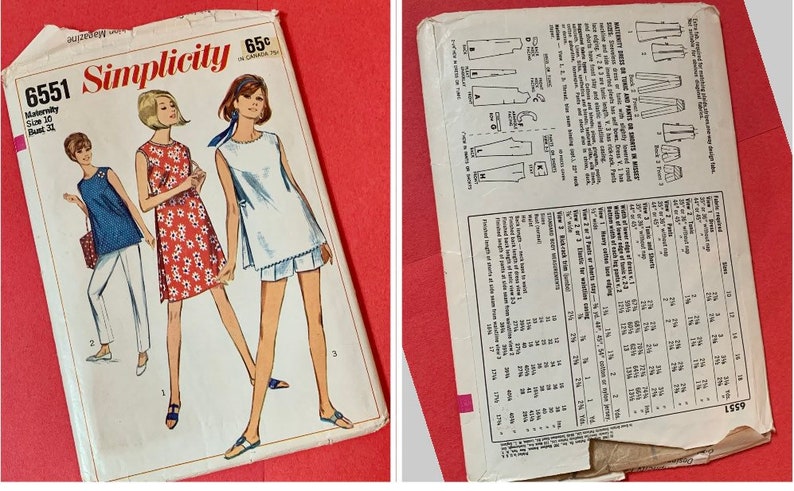 Puede incluir: Patr&oacute;n de costura vintage Simplicity n&uacute;mero 6551 para ropa de maternidad. El patr&oacute;n incluye instrucciones para un vestido sin mangas y una falda con una abertura lateral. El patr&oacute;n est&aacute; impreso en papel blanco con texto negro e ilustraciones.