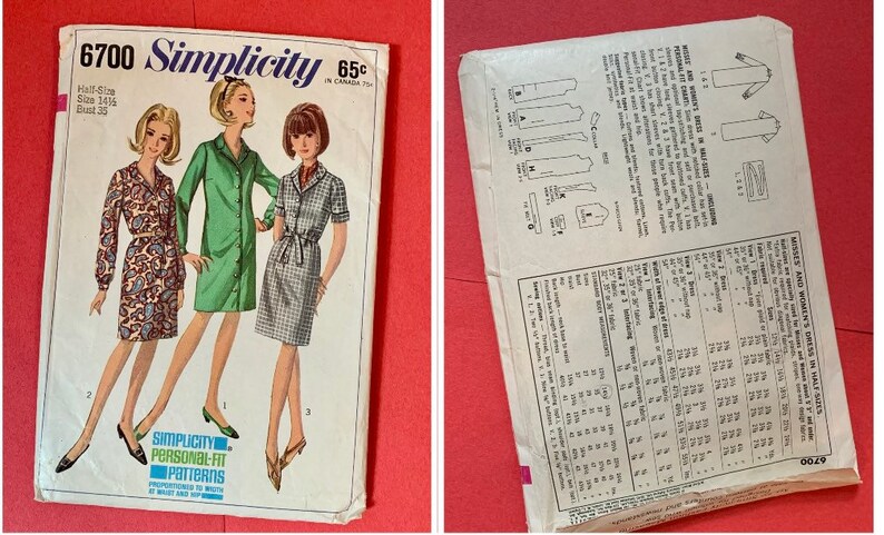 Puede incluir: Patr&oacute;n de costura Simplicity n&uacute;mero 6700 para un vestido. El patr&oacute;n es para las tallas 14 1/2 y 15, con una talla de pecho de 89 cm. El patr&oacute;n muestra tres estilos de vestidos diferentes, uno con estampado paisley, otro en verde s&oacute;lido y otro con estampado a cuadros. El patr&oacute;n se titula "Simplicity Personal-Fit Patterns".