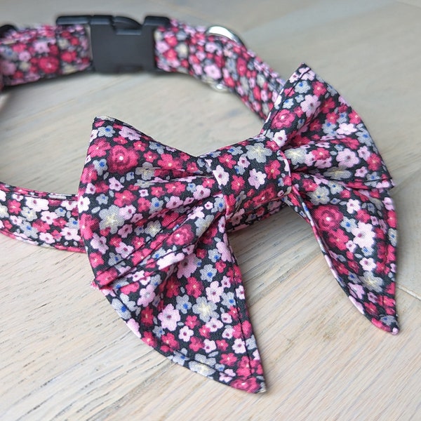 Dog Collar | Optional Sailor Bow | Handmade | Pink Floral