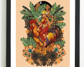 Bahucharji - Indian Goddess Devi Who Rides a Cockerel  Colour Art Poster Print By Msdre... British Artist A4 A3