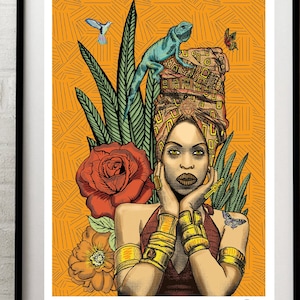 May include: A digital illustration of a woman with a colourful head wrap and a lizard on top. She is wearing gold bracelets and a red top. The background is a yellow and orange pattern with flowers and leaves.