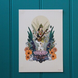 Saraswati Hindu Artwork Puja Large A5 Postcard, Yoga, Yogi, Deity, Meditation, Indian Goddess