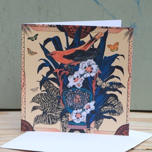 Art Deco Orientalische Vögel Illustration Kunst Msdre Grußkarte 15cm quadratisch. Gedruckt in Großbritannien