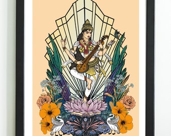 May include: A colorful illustration of a Hindu goddess playing a stringed instrument, surrounded by flowers and birds. The goddess is wearing a white outfit and a crown. The background is a peach color.