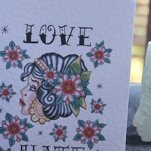 Tarjeta de felicitación firmada por Msdre, tamaño A6, de alta calidad, con tatuajes gitanos, neotradicionales y flash.