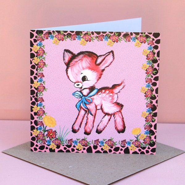 Pink Fawn Deer Kitsch Floral Cute Msdre Greetings Card 15cm Square. Printed in the UK