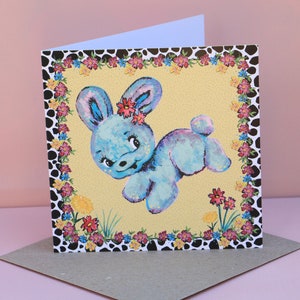Cartão de cumprimentos Bunny Love Kitsch floral fofo Msdre quadrado de 15 cm. Impresso no Reino Unido