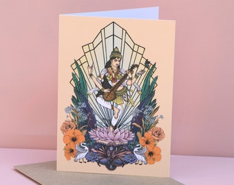 Tarjeta de felicitación de la diosa hindú india Saraswati Msdre, tamaño A6, impresa en el Reino Unido.