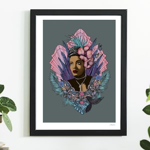 Billie Holiday Jazz Soul Singer Art Deco Kolorowy wydruk artystyczny autorstwa Msdre... Czarny brytyjski artysta A4 A3