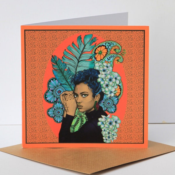 American African Girl Black Queen  Flower Crown Msdre Greetings Card 15cm Square. Printed in the UK
