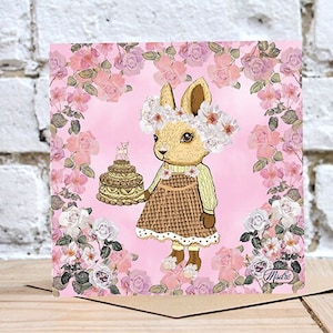 Bolo de aniversário de coelho vintage kitsch floral fofo cartão de cumprimentos msdre quadrado de 15 cm. Impresso no Reino Unido