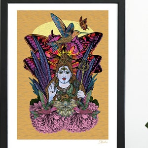 May include: A colorful illustration of Shiva, a Hindu deity, surrounded by butterflies, flowers, and birds. The image is set against a gold background.