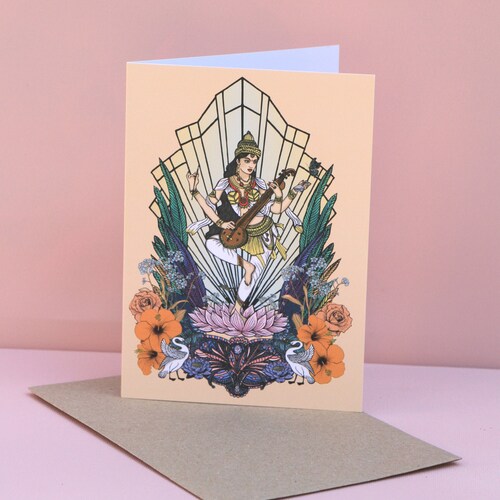 Saraswati Hindu Indian Goddess Msdre Greetings Card A6 Printed in the UK