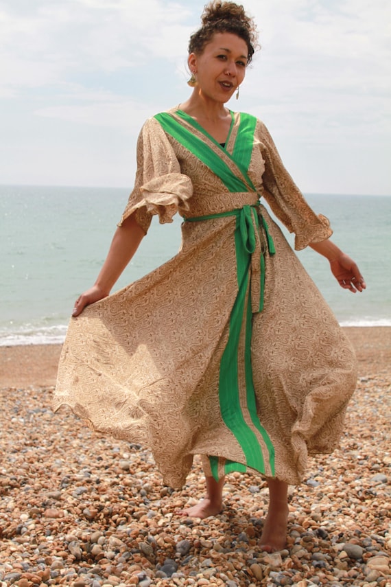green gypsy dress Beige Green Sari Wrap Dress – Boho Gypsy Maxi – One of a Kind – Size S/M  (Fits UK 8–14)